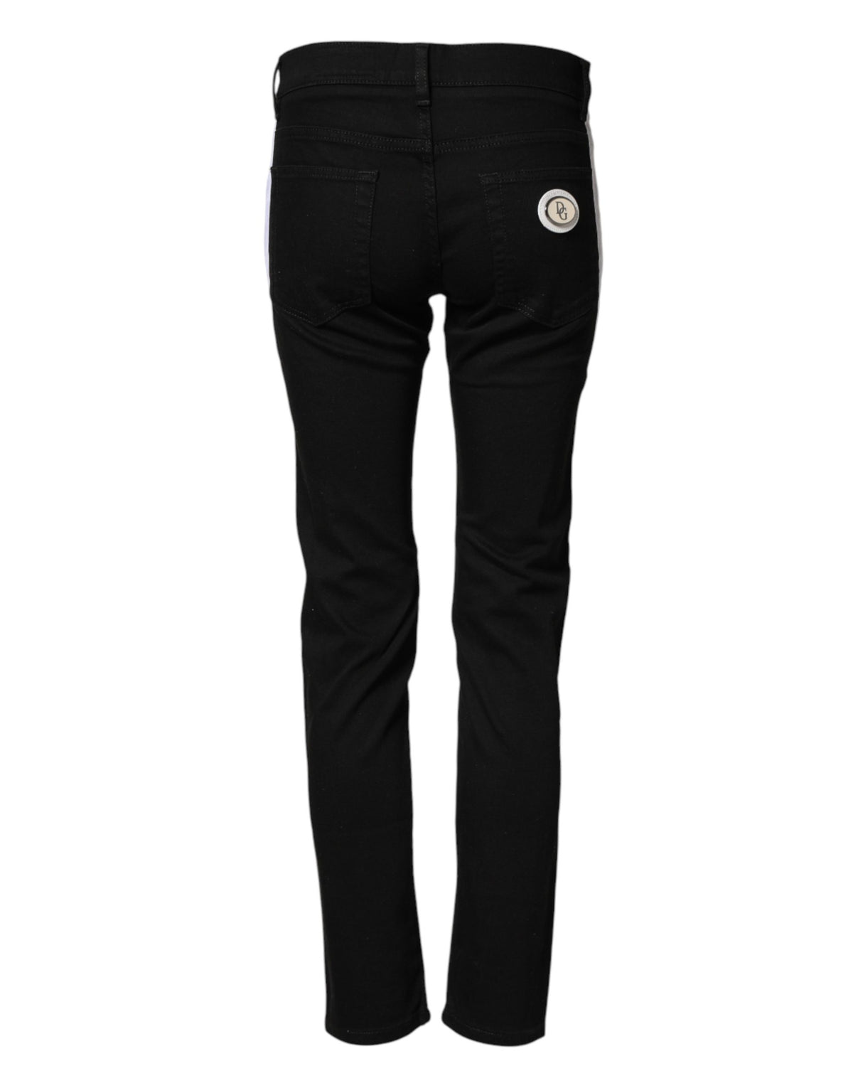Jeans by Dolce & Gabbana for men in stretch denim cotton black, white, signature & striped features an sartorial skinny and long with a cut for a sartorial finish.