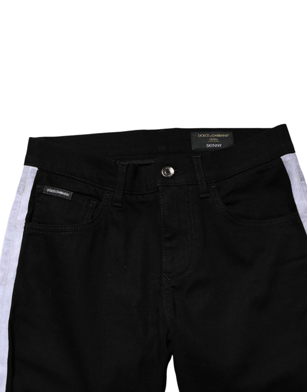 Jeans by Dolce & Gabbana for men in stretch denim cotton black, white, signature & striped features an refined tailoring silhouette, showcasing a premium skinny with a and long cut for a refined tailoring look.