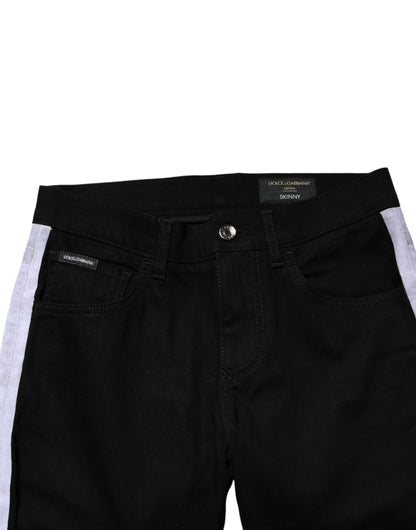 Jeans by Dolce & Gabbana for men in stretch denim cotton black, white, signature & striped features an refined tailoring silhouette, showcasing a premium skinny with a and long cut for a refined tailoring look.