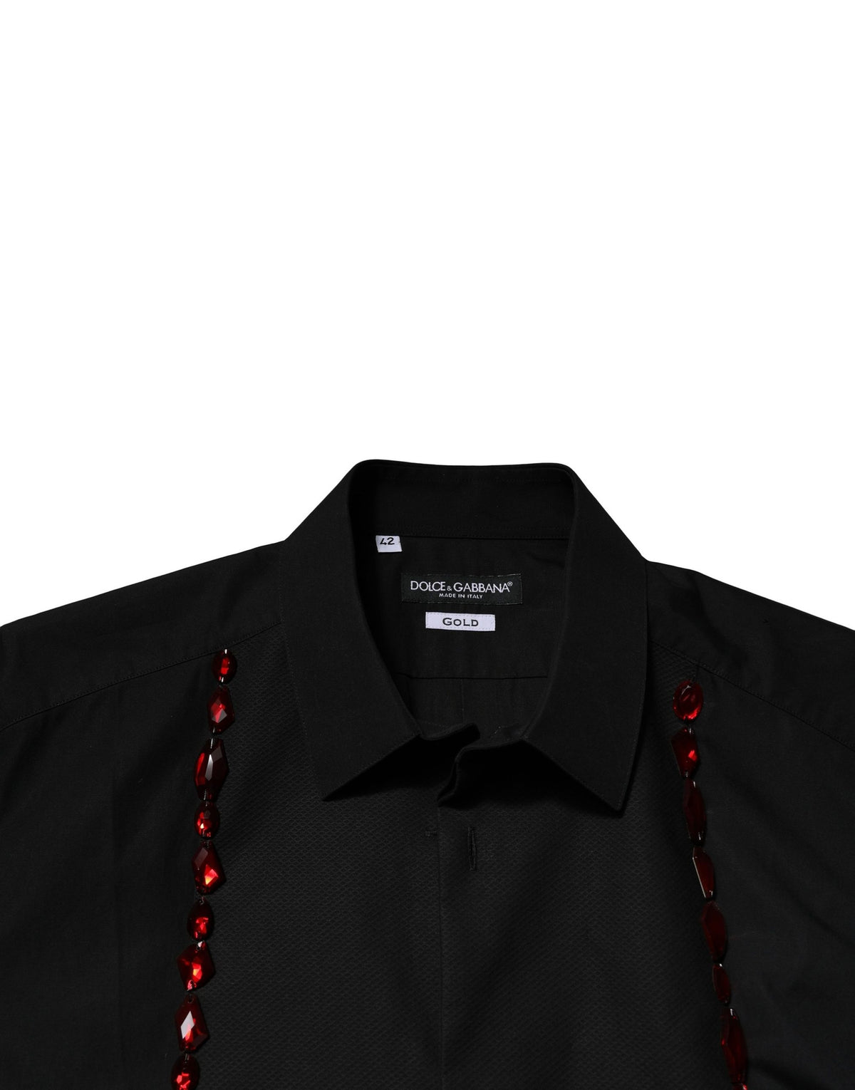 Dress Shirt by Dolce & Gabbana for men in cotton & crystal black, gold & red features an polished silhouette, showcasing a sophisticated and detail for a truly polished finish.