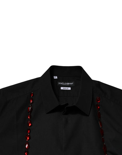 Dress Shirt by Dolce & Gabbana for men in cotton & crystal black, gold & red features an polished silhouette, showcasing a sophisticated and detail for a truly polished finish.