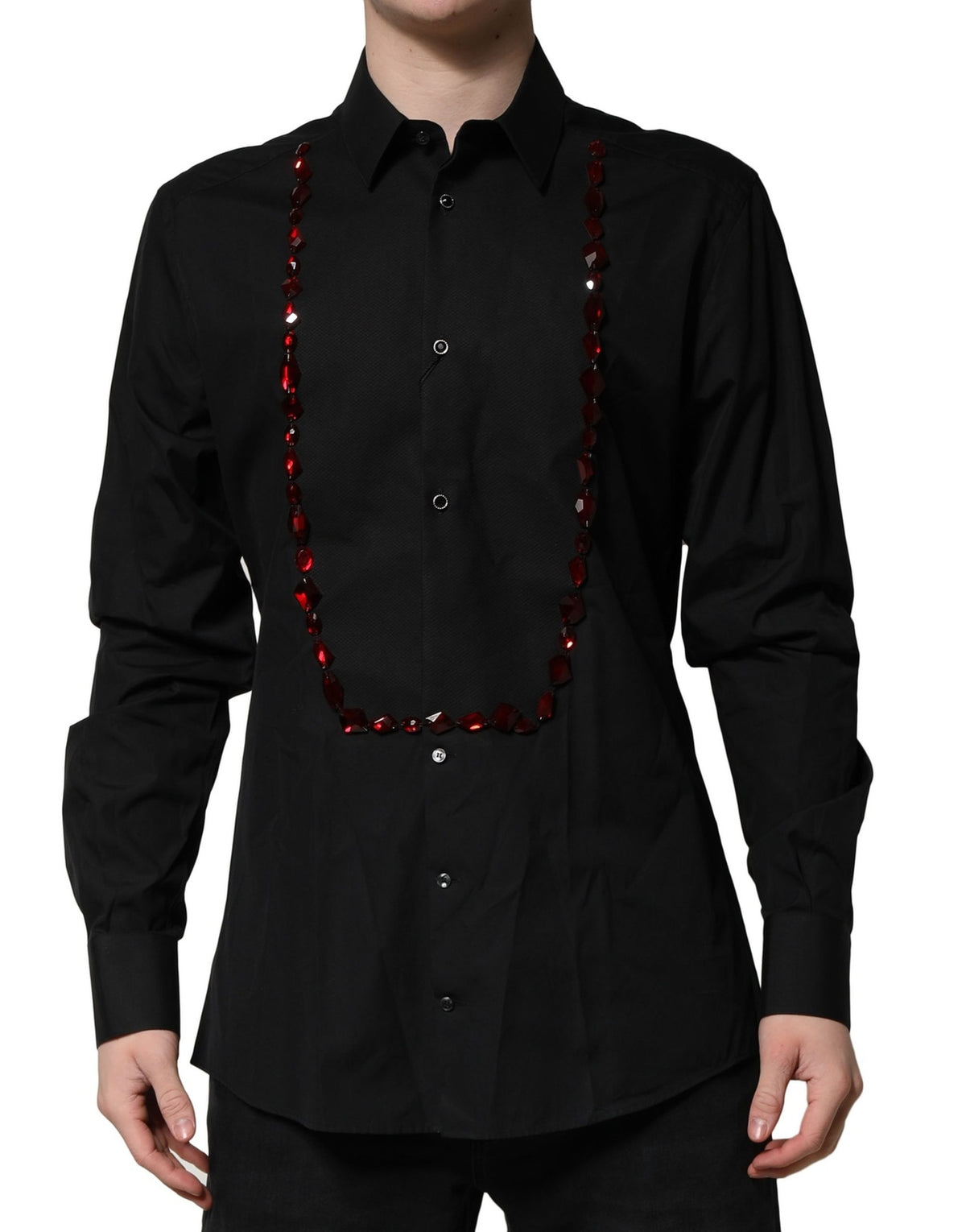 Dress Shirt by Dolce & Gabbana for men in cotton & crystal black, gold & red showcases a sleek silhouette, elegantly detailed with a sleek and for a sleek finish.