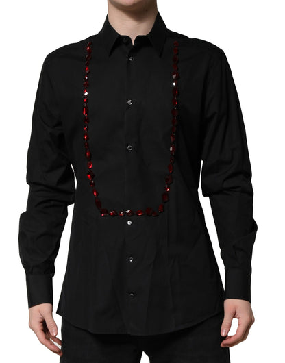Dress Shirt by Dolce & Gabbana for men in cotton & crystal black, gold & red showcases a sleek silhouette, elegantly detailed with a sleek and for a sleek finish.
