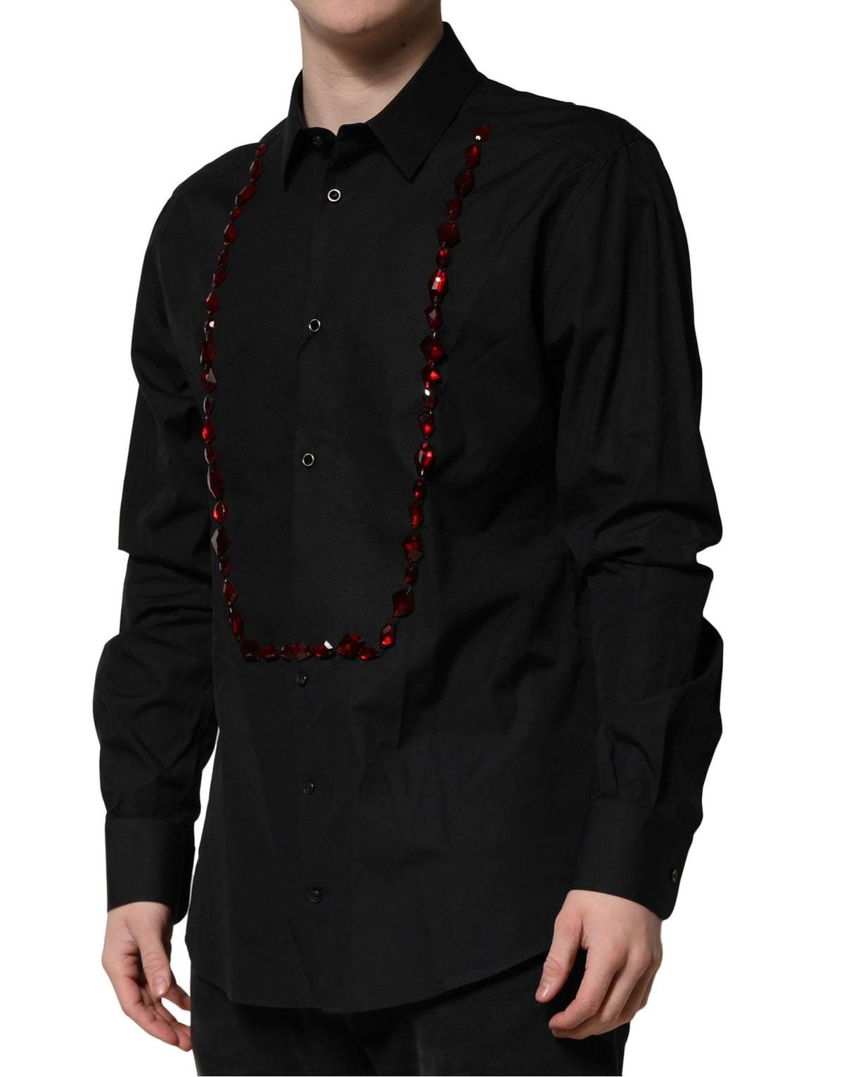 Dress Shirt by Dolce & Gabbana for men in cotton & crystal black, gold & red features an architectural silhouette with a refined and elegant for a architectural look.