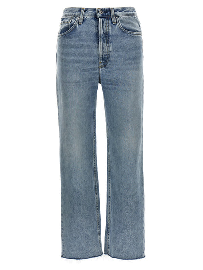 Jeans by TOTEME for women in cotton denim light-blue presents a tailored silhouette, showcasing a tailored straight-leg and long cut with a refined high rise for a truly tailored aesthetic.
