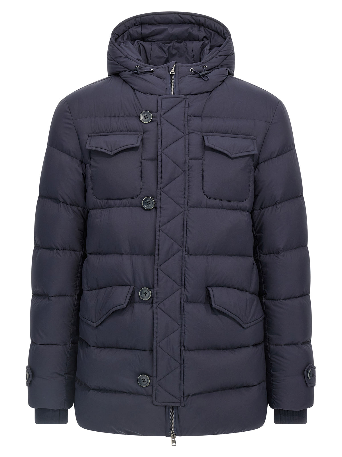 Hooded Puffer Jacket by Herno for men in nylon & goose-down blue features an contemporary silhouette, showcasing a sophisticated wrap hooded neckline and contemporary water-resistant, hooded & insulated for a truly refined look.