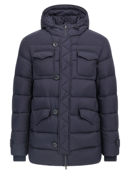 Hooded Puffer Jacket by Herno for men in nylon & goose-down blue features an contemporary silhouette, showcasing a sophisticated wrap hooded neckline and contemporary water-resistant, hooded & insulated for a truly refined look.
