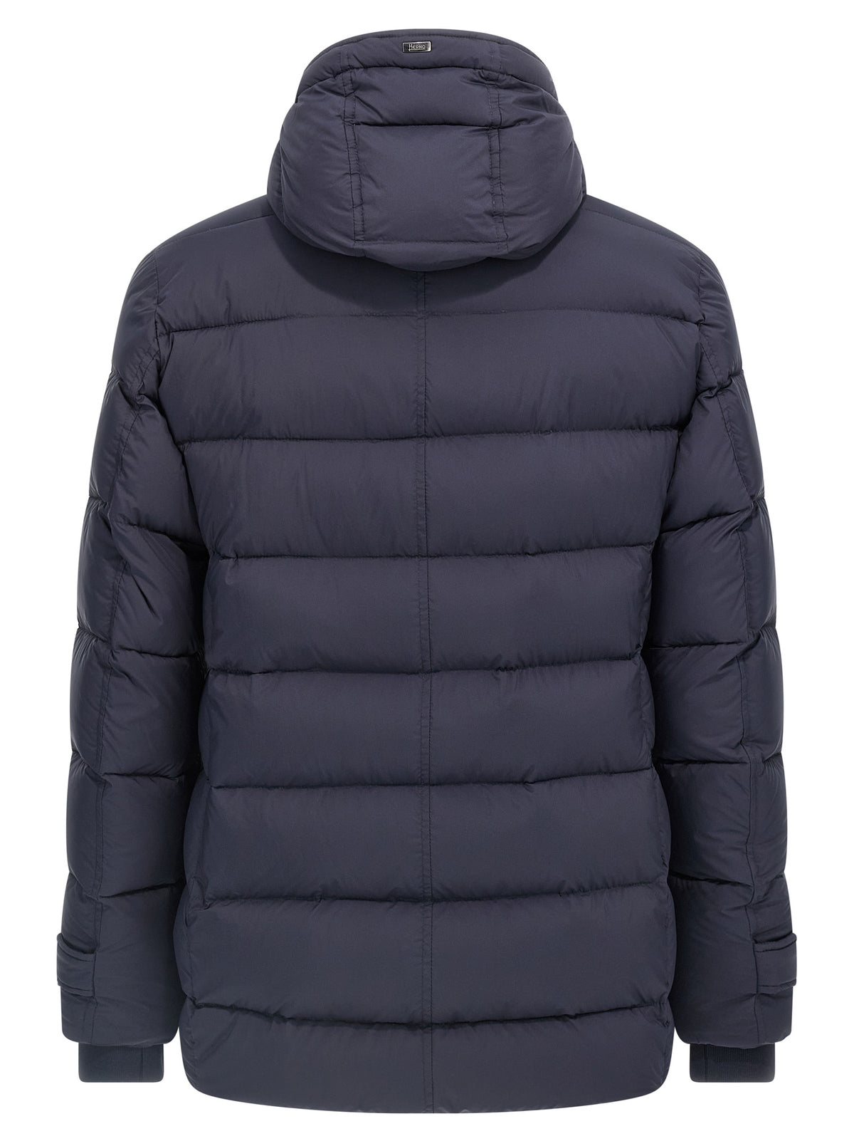 Hooded Puffer Jacket by Herno for men in nylon & goose-down blue features a dramatic silhouette, showcasing a sophisticated wrap hooded neckline and distinctive water-resistant, hooded & insulated for a dramatic aesthetic.