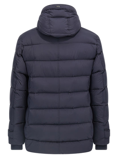 Hooded Puffer Jacket by Herno for men in nylon & goose-down blue features a dramatic silhouette, showcasing a sophisticated wrap hooded neckline and distinctive water-resistant, hooded & insulated for a dramatic aesthetic.