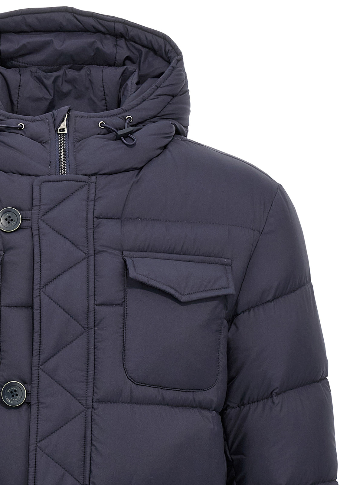 Hooded Puffer Jacket by Herno for men in nylon & goose-down blue showcases a bohemian silhouette, artfully detailed with a bohemian wrap hooded neckline and signature water-resistant, hooded & insulated for a truly bohemian finish.