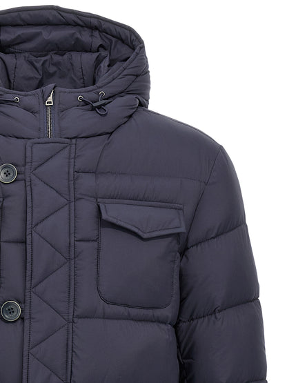 Hooded Puffer Jacket by Herno for men in nylon & goose-down blue showcases a bohemian silhouette, artfully detailed with a bohemian wrap hooded neckline and signature water-resistant, hooded & insulated for a truly bohemian finish.