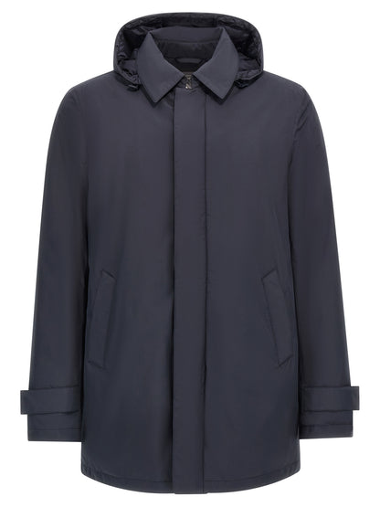 Hooded Parka by Herno for men in polyester nylon & goose-down blue features a stylish silhouette, meticulously detailed with a sophisticated hooded shirt-collar neckline and functional water-resistant, windproof, hooded & insulated for a stylish finish.