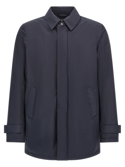 Hooded Parka by Herno for men in polyester nylon & goose-down blue, presenting a cosy silhouette with distinctive water-resistant, windproof, hooded & insulated and a refined hooded shirt-collar neckline.