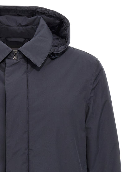 Hooded Parka by Herno for men in polyester nylon & goose-down blue features a modern silhouette, showcasing a sophisticated hooded shirt-collar neckline and premium water-resistant, windproof, hooded & insulated for a truly modern finish.