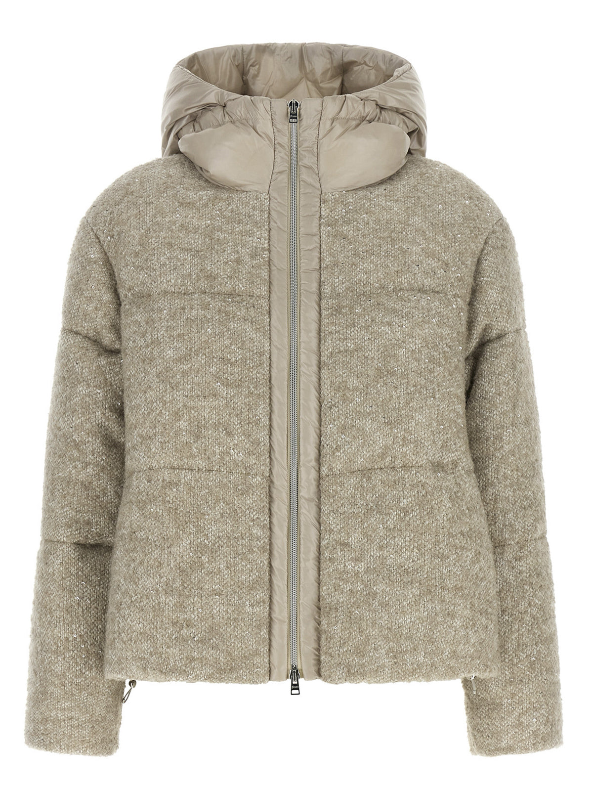 Hooded Overcoat by Herno for women in polyester viscose sequins & alpaca wool beige presents a luxurious silhouette, showcasing a luxurious hooded neckline and sophisticated hooded & insulated for a premium, luxurious look.