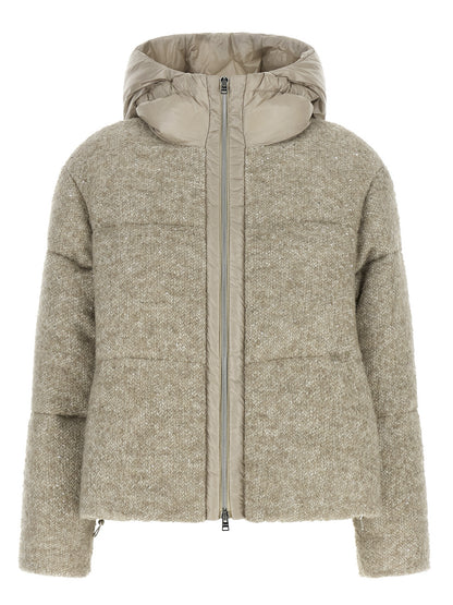 Hooded Overcoat by Herno for women in polyester viscose sequins & alpaca wool beige presents a luxurious silhouette, showcasing a luxurious hooded neckline and sophisticated hooded & insulated for a premium, luxurious look.