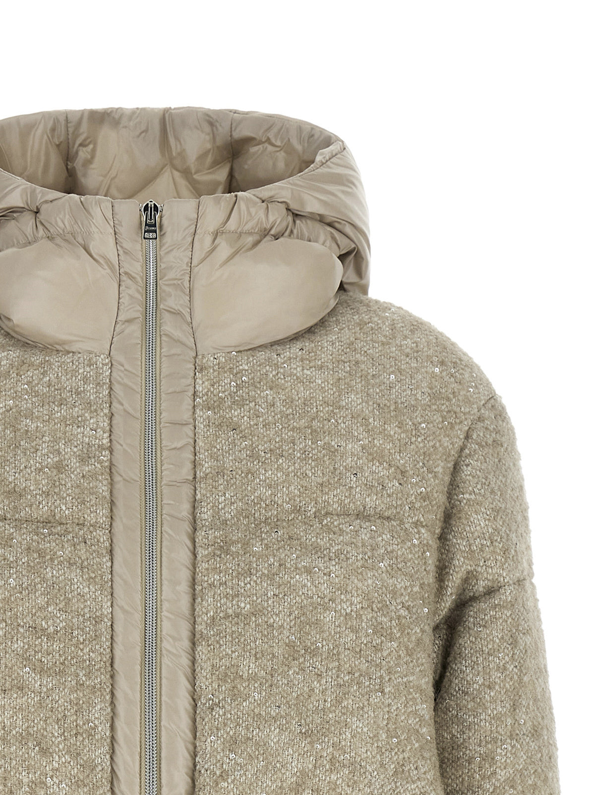 Hooded Overcoat by Herno for women in polyester viscose sequins & alpaca wool beige showcases a architectural silhouette, artfully detailed with a distinctive hooded neckline and functional hooded & insulated for a architectural finish.