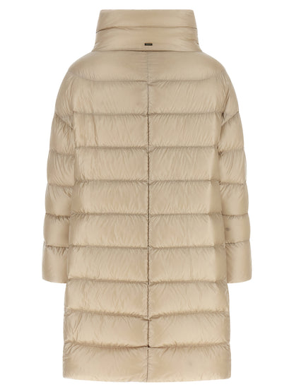 Puffer Jacket by Herno for women in nylon polyamide & silk beige features a dramatic silhouette, showcasing a sophisticated and distinctive insulated for a dramatic aesthetic.