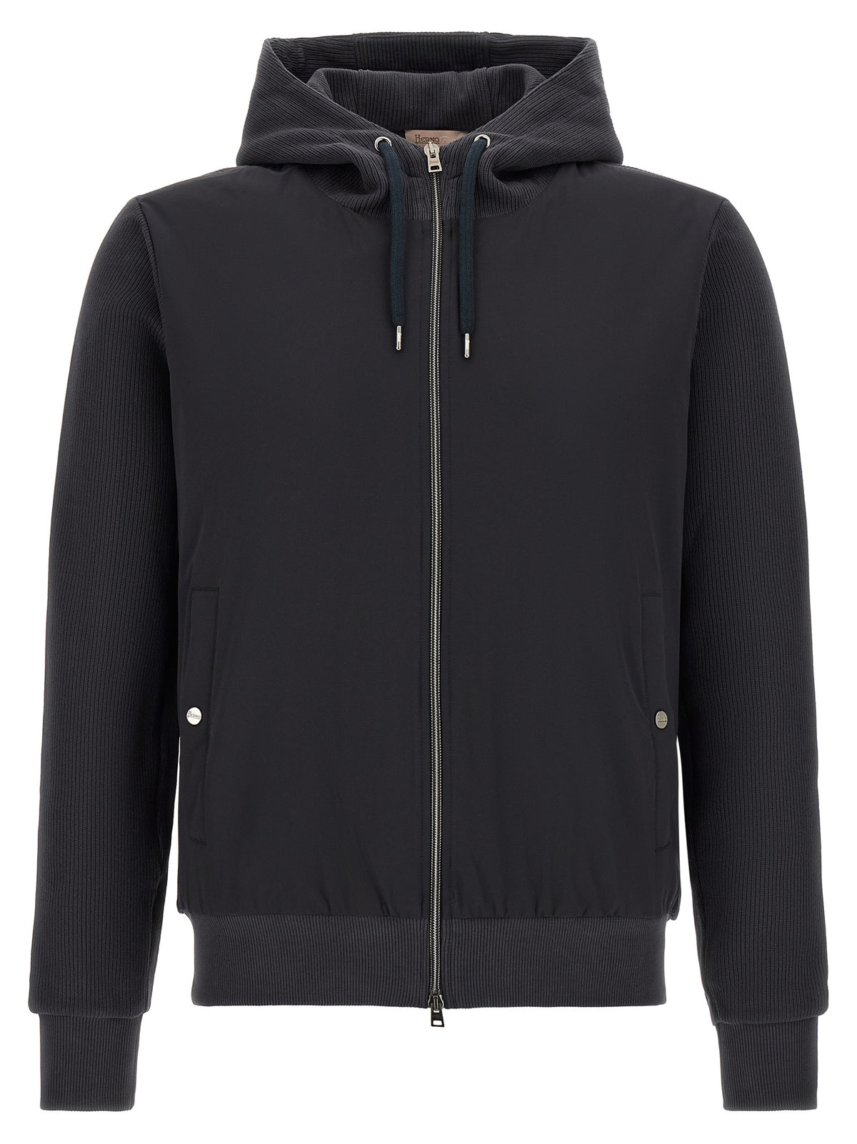 Hooded Windbreaker Jacket by Herno for men in cotton blue features an enduring silhouette, showcasing technical pockets, hooded & windproof and a sophisticated hooded neckline for a truly enduring aesthetic.