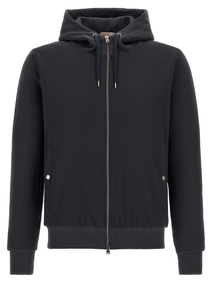 Hooded Windbreaker Jacket by Herno for men in cotton blue features an enduring silhouette, showcasing technical pockets, hooded & windproof and a sophisticated hooded neckline for a truly enduring aesthetic.