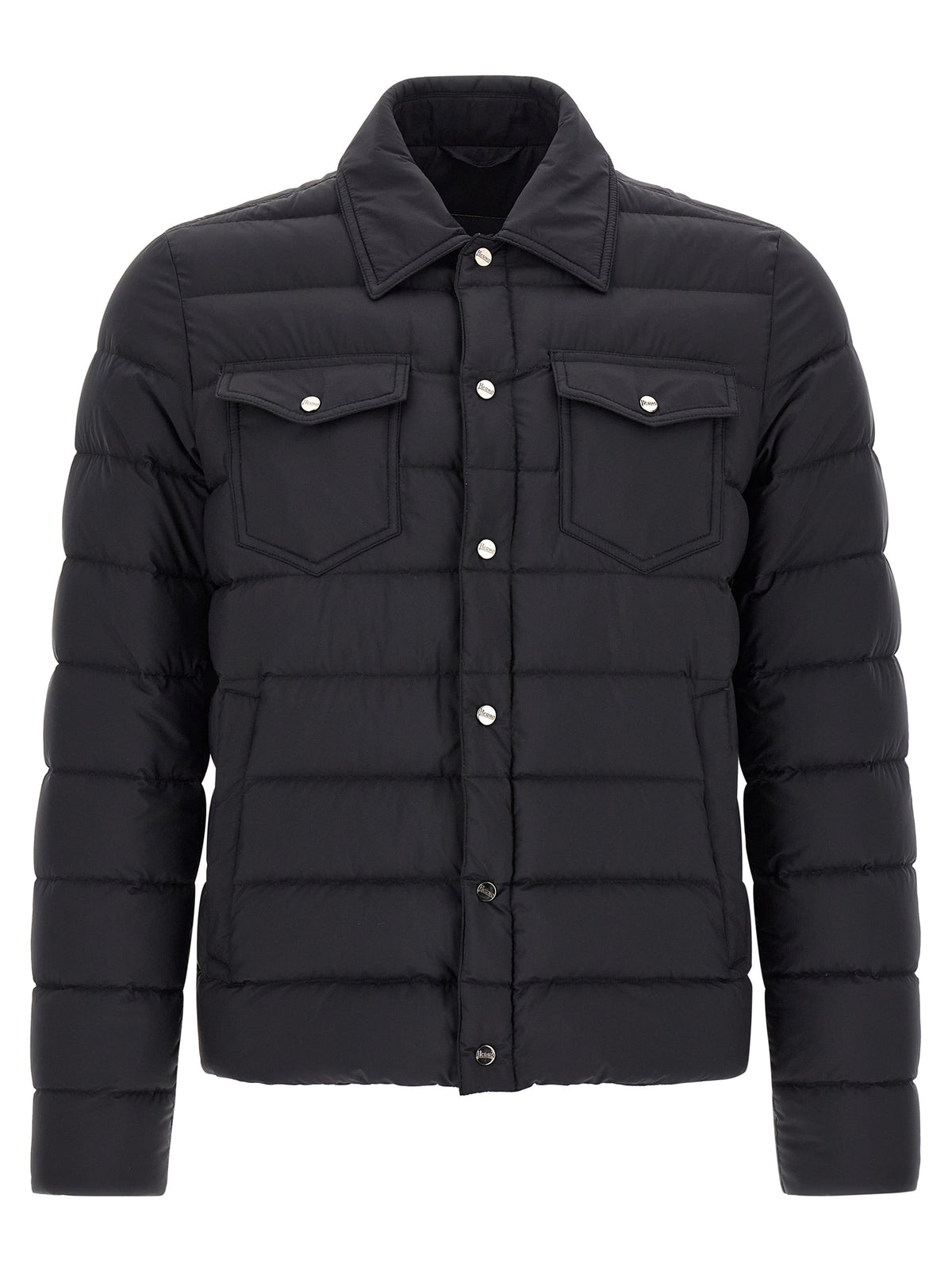 Trucker Jacket by Herno for men in denim & polyamide black & silver features a city-ready silhouette, detailed with pockets and a city-ready shirt-collar neckline.