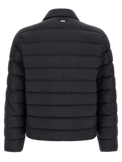 Trucker Jacket by Herno for men in denim & polyamide black & silver showcases a bohemian silhouette, artfully detailed with a bohemian shirt-collar neckline and signature pockets for a truly bohemian finish.