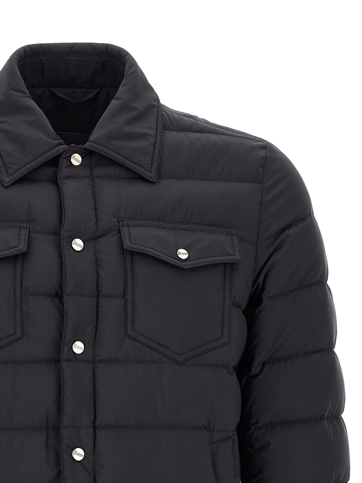 Trucker Jacket by Herno for men in denim & polyamide black & silver features a dramatic silhouette, showcasing a sophisticated shirt-collar neckline and distinctive pockets for a dramatic aesthetic.