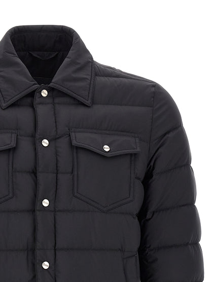 Trucker Jacket by Herno for men in denim & polyamide black & silver features a dramatic silhouette, showcasing a sophisticated shirt-collar neckline and distinctive pockets for a dramatic aesthetic.