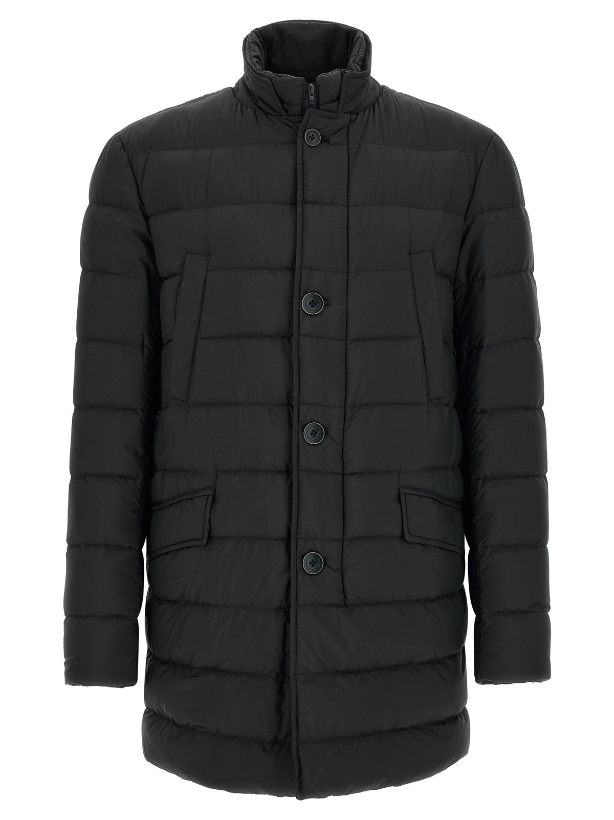 Puffer Jacket by Herno for men in nylon black presents a effortlessly chic silhouette, showcasing a sophisticated high-neck neckline and premium water-resistant, windproof & insulated for a truly effortlessly chic finish.