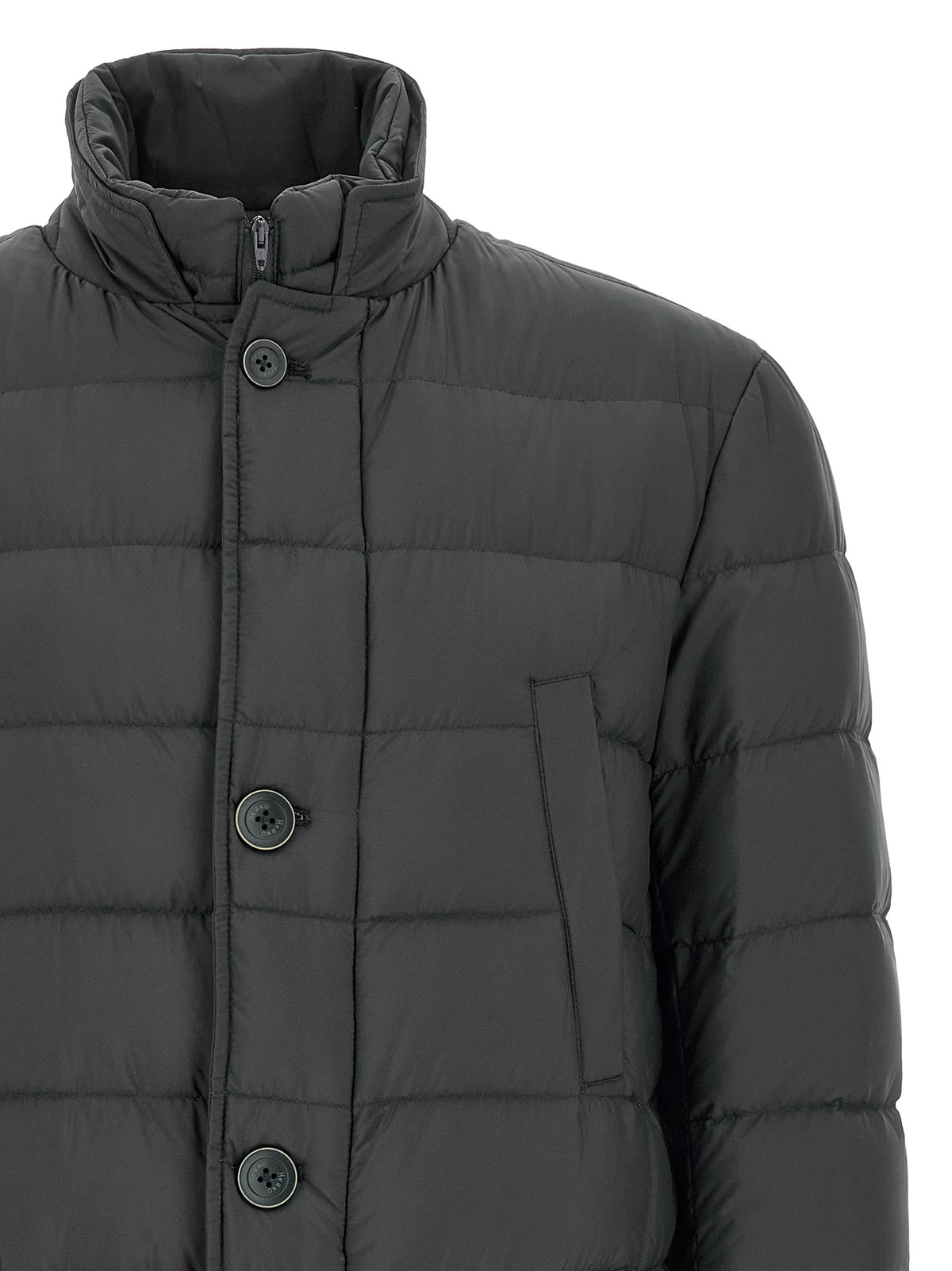 Puffer Jacket by Herno for men in nylon gray presents a effortlessly chic silhouette, showcasing a sophisticated high-neck neckline and premium water-resistant, windproof, pockets & insulated for a truly effortlessly chic finish.