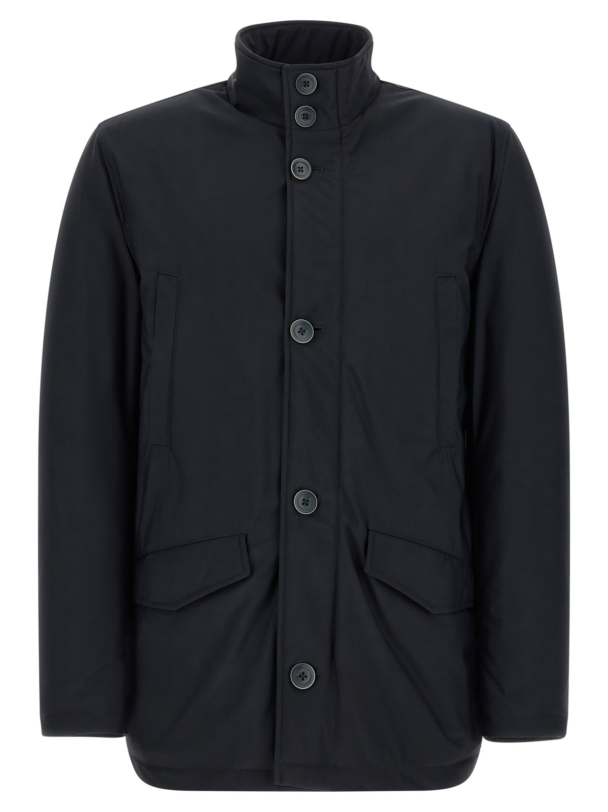 Overcoat by Herno for men in stretch polyamide blue showcases a architectural silhouette, artfully detailed with a distinctive high-neck neckline and functional pockets for a architectural finish.