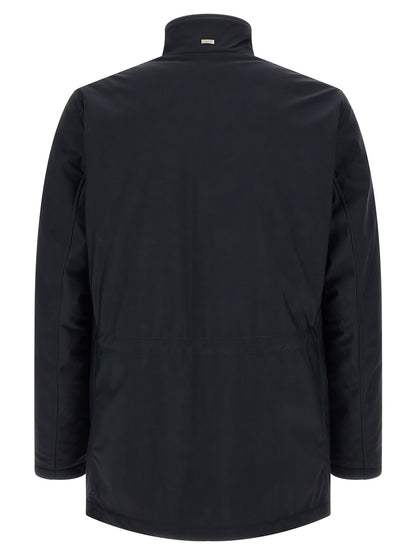 Overcoat by Herno for men in stretch polyamide blue showcases a architectural silhouette, artfully detailed with a distinctive high-neck neckline and functional pockets for a architectural finish.