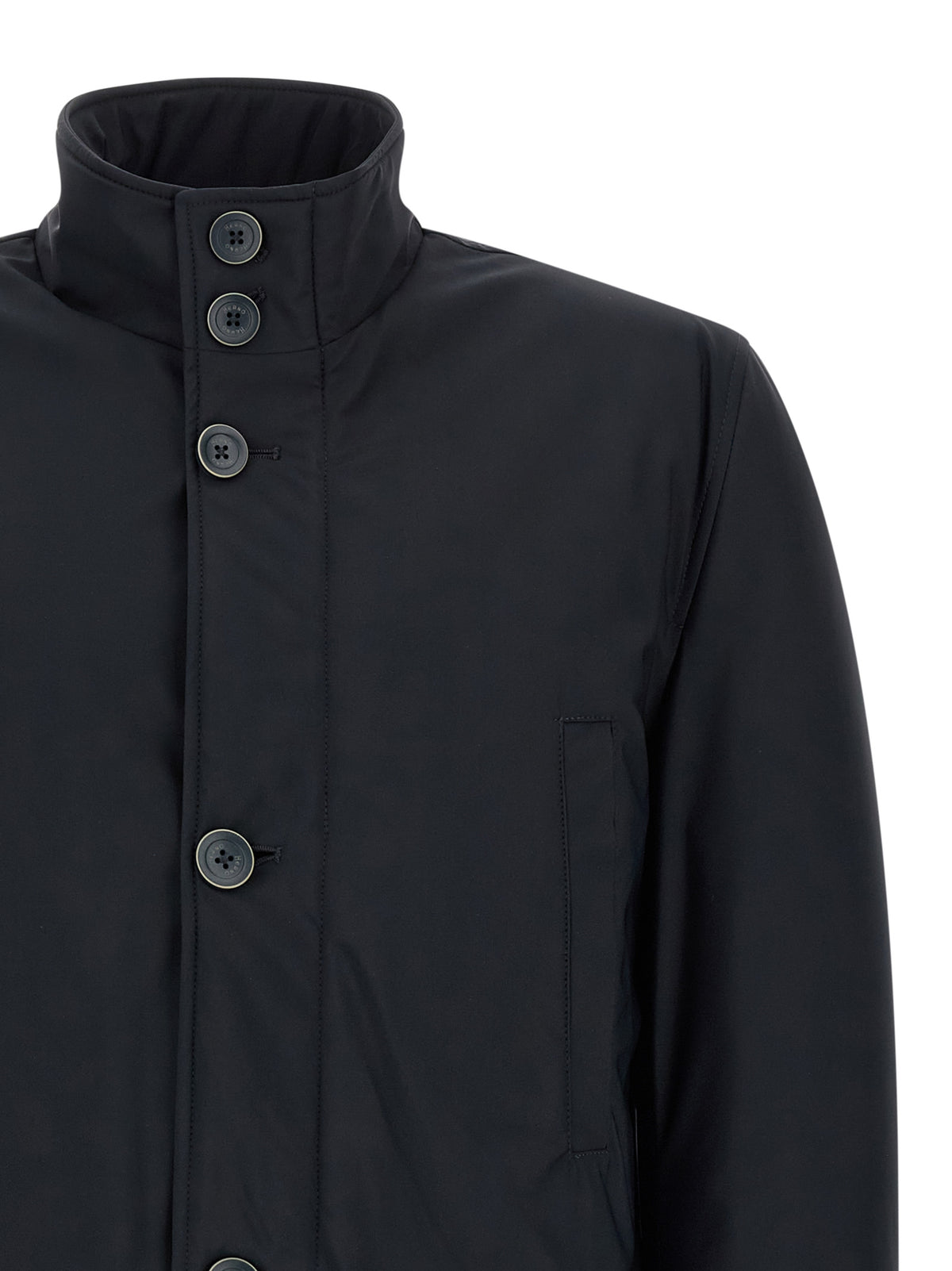 Overcoat by Herno for men in stretch polyamide blue showcases a enveloping silhouette, detailed with distinctive pockets and a enveloping high-neck neckline.