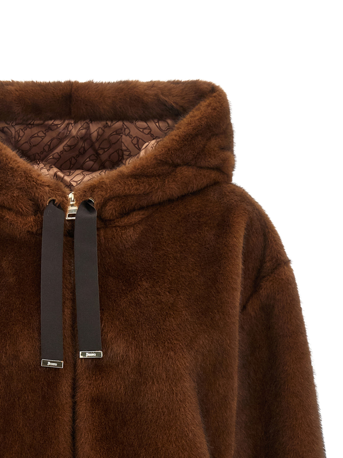 Hooded Bomber Jacket by Herno for women in polyester & fur black, brown, gold, patterned & monogram showcases a bohemian silhouette, artfully detailed with a bohemian hooded neckline and signature hooded for a truly bohemian finish.