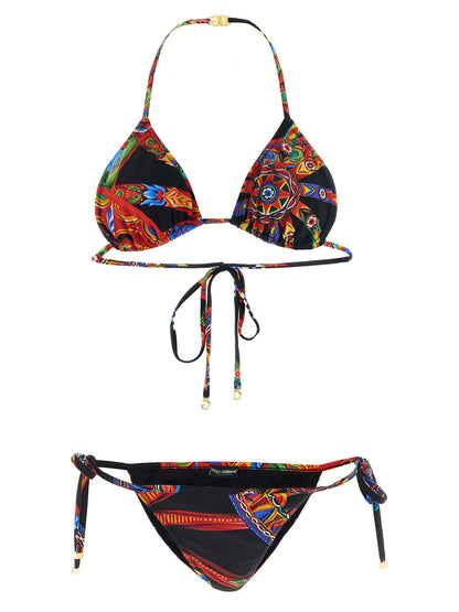 This Bikini by Dolce & Gabbana for women in stretch polyamide gold, multicolor & print features a beach chic silhouette from the Women's Stretch Polyamide Bikini collection, showcasing a beach chic cut for a refined poolside look.