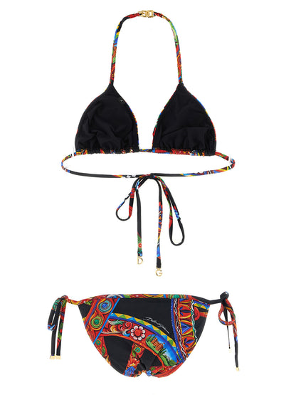 Bikini by Dolce & Gabbana for women in stretch polyamide gold, multicolor & print presents a provocative silhouette, artfully capturing the essence of the provocative Women's Stretch Polyamide Bikini design for a sophisticated look.