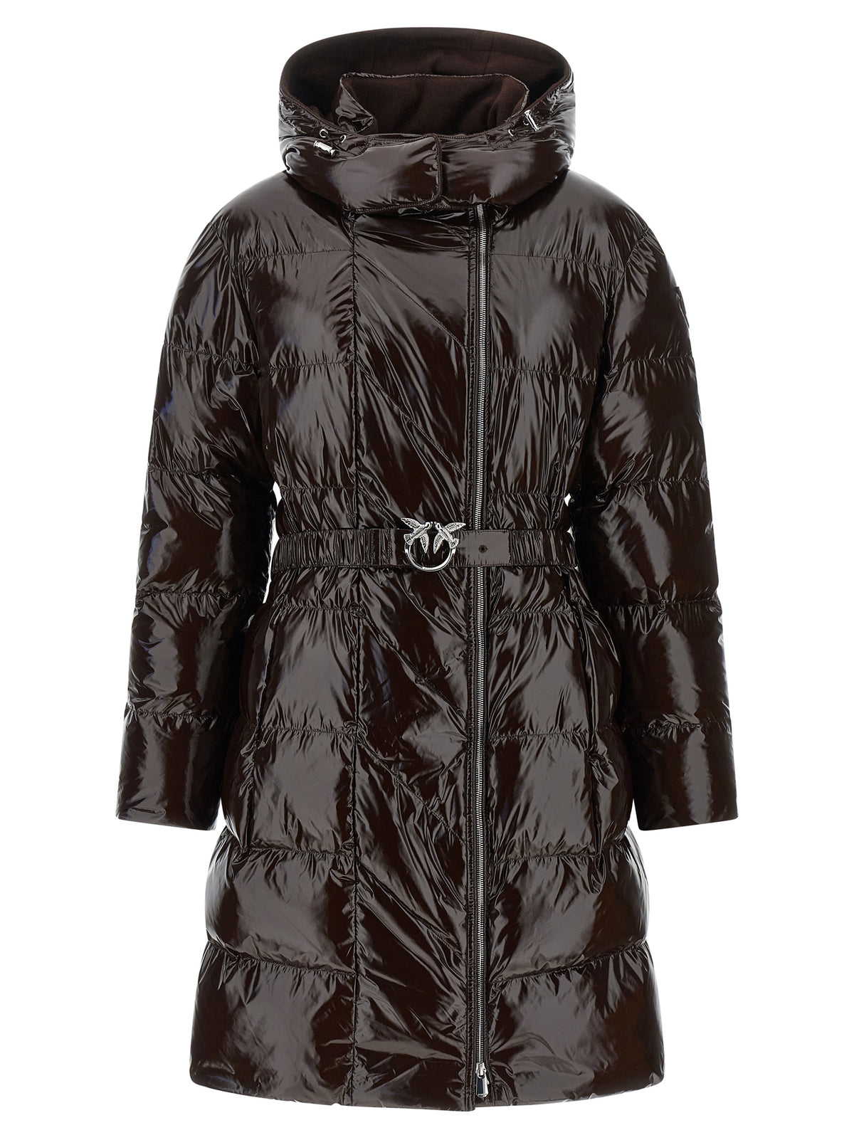 Hooded Puffer Jacket by PINKO for women in polyamide brown & silver features a city-ready silhouette, detailed with hooded & insulated and a city-ready hooded high-neck neckline.