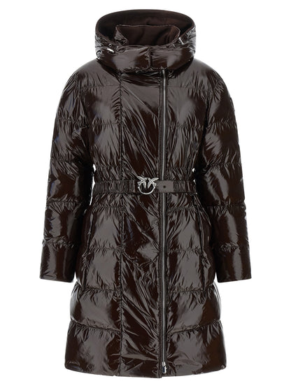 Hooded Puffer Jacket by PINKO for women in polyamide brown & silver features a city-ready silhouette, detailed with hooded & insulated and a city-ready hooded high-neck neckline.