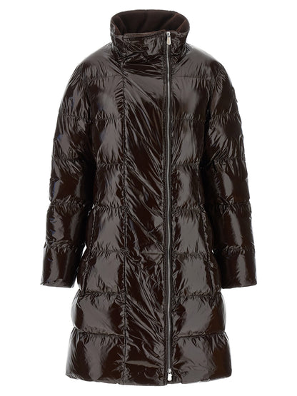 Hooded Puffer Jacket by PINKO for women in polyamide brown & silver features an contemporary silhouette, showcasing a sophisticated hooded high-neck neckline and contemporary hooded & insulated for a truly refined look.