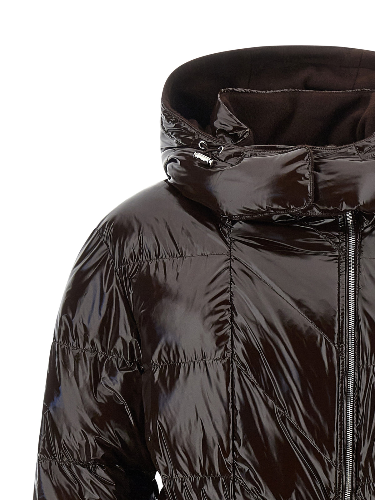 Hooded Puffer Jacket by PINKO for women in polyamide brown & silver showcases a bohemian silhouette, artfully detailed with a bohemian hooded high-neck neckline and signature hooded & insulated for a truly bohemian finish.