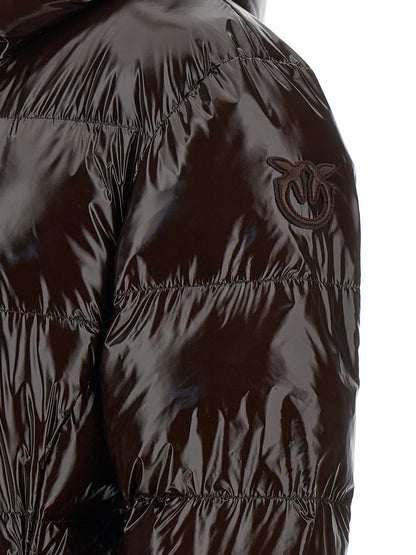 Hooded Puffer Jacket by PINKO for women in polyamide brown & silver presents a effortlessly chic silhouette, showcasing a sophisticated and premium hooded & insulated for a truly effortlessly chic finish.
