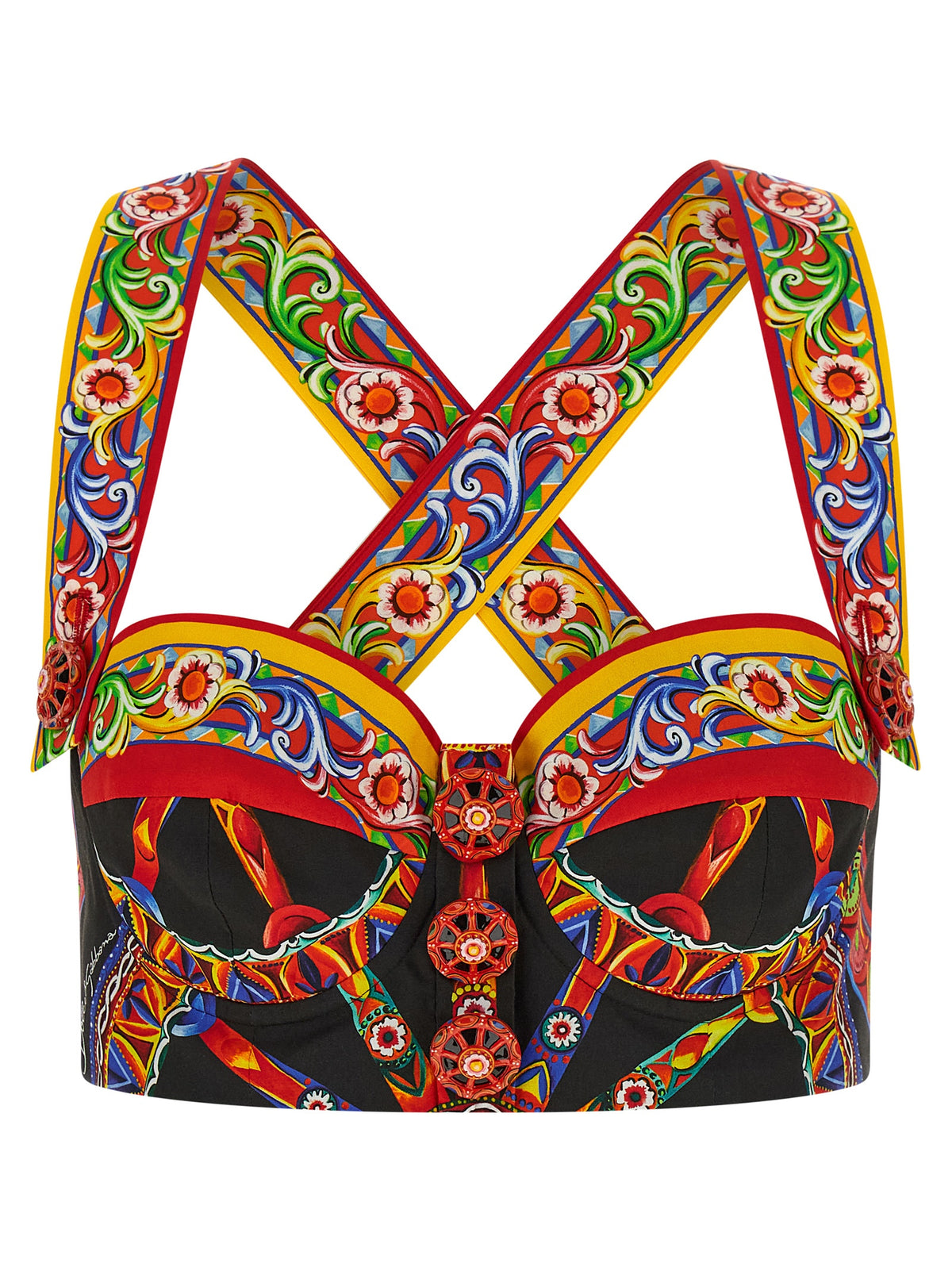 Blouse by Dolce & Gabbana for women in cotton black, multicolor & print features an polished silhouette, showcasing a sophisticated sweetheart neckline and detail for a truly polished finish.