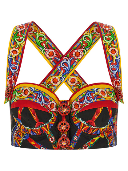 Blouse by Dolce & Gabbana for women in cotton black, multicolor & print features an polished silhouette, showcasing a sophisticated sweetheart neckline and detail for a truly polished finish.