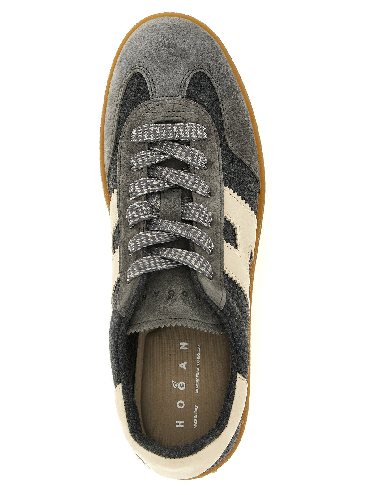 Sneakers by Hogan for women in suede nubuck calf leather & wool gray presents a sumptuous silhouette, artfully capturing the essence of the Women's Fashion Suede Nubuck Calf Leather & Wool Sneakers with its sumptuous fashion style design.