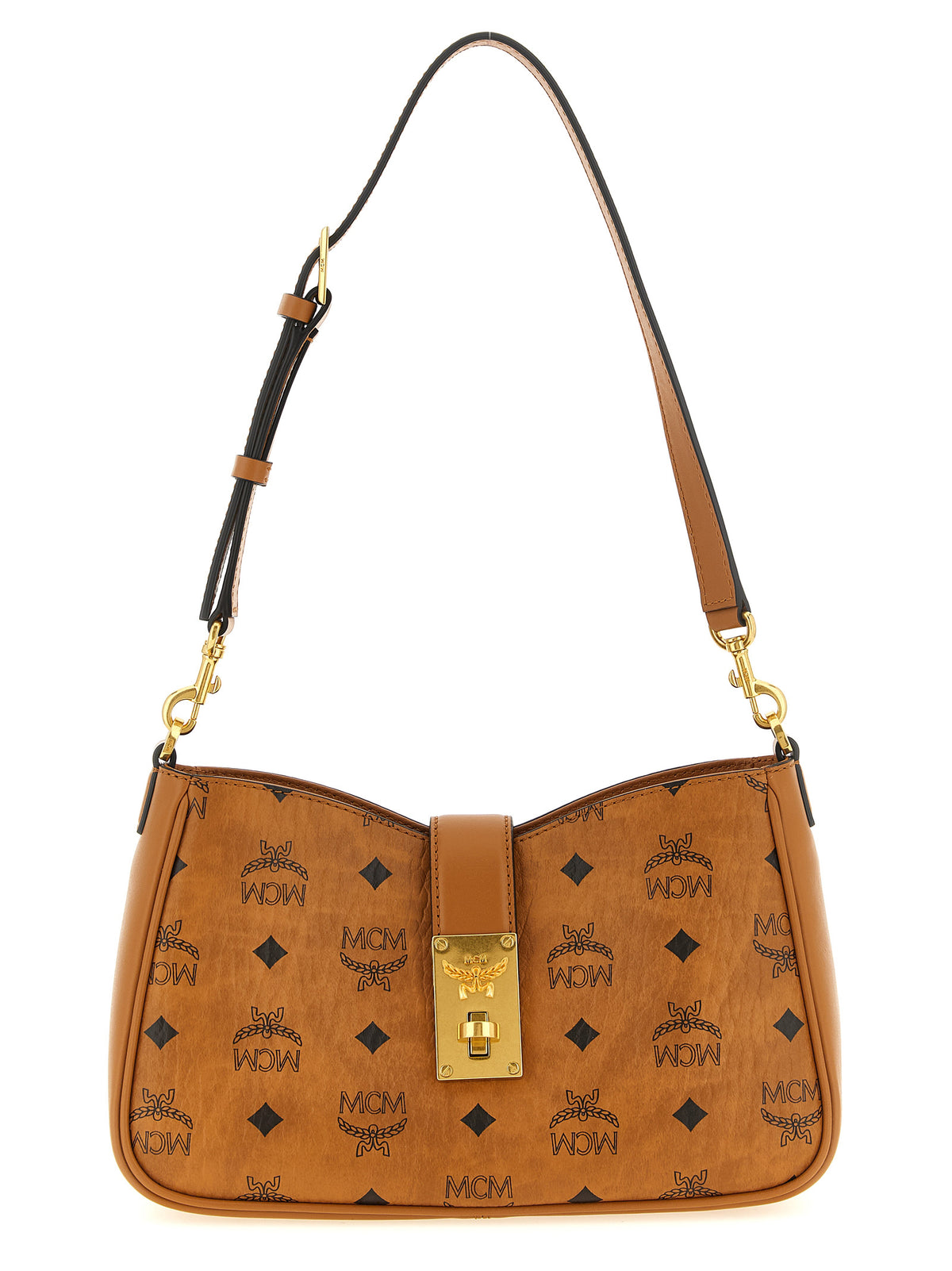 Shoulder Bag by MCM for women in polyester polyurethane cotton & suede leather brown, gold & monogram presents a versatile silhouette, showcasing a secure zipper & turn-lock and versatile with versatile shoulder-strap & adjustable-strap for a sophisticated look.