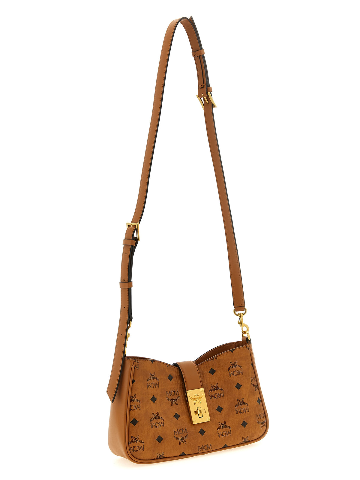 Shoulder Bag by MCM for women in polyester polyurethane cotton & suede leather brown, gold & monogram features a effortless chic silhouette with a secure zipper & turn-lock, ample , and versatile shoulder-strap & adjustable-strap for a effortless chic finish.