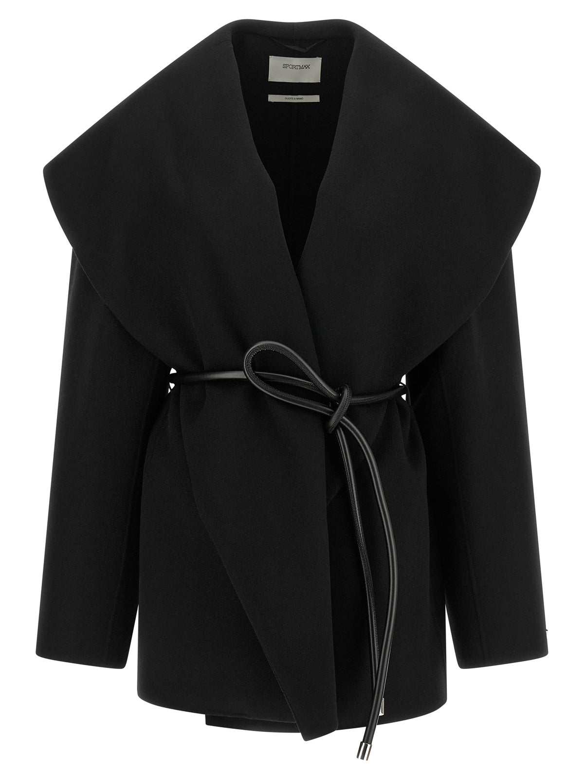 Overcoat by Sportmax for women in virgin wool & leather black features a cosy chic silhouette, artfully detailed with a sophisticated shawl-collar neckline and premium pockets for a cosy chic finish.