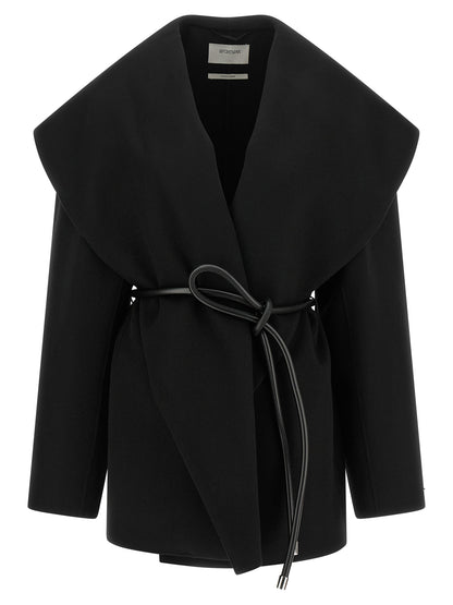 Overcoat by Sportmax for women in virgin wool & leather black features a cosy chic silhouette, artfully detailed with a sophisticated shawl-collar neckline and premium pockets for a cosy chic finish.