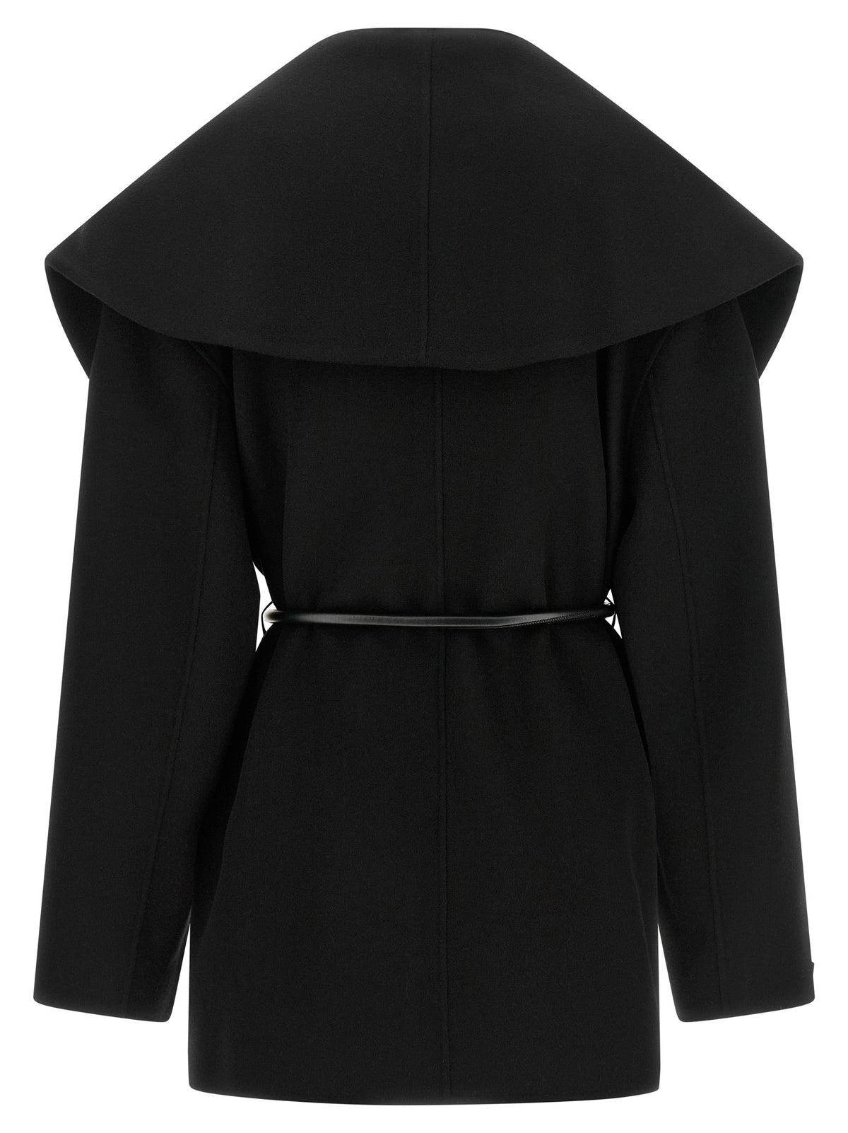 Overcoat by Sportmax for women in virgin wool & leather black features a contemporary silhouette showcasing a contemporary shawl-collar neckline and refined pockets for a sophisticated finish.