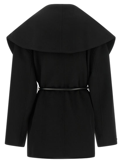 Overcoat by Sportmax for women in virgin wool & leather black features a contemporary silhouette showcasing a contemporary shawl-collar neckline and refined pockets for a sophisticated finish.